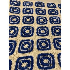 Vtg Granny Square Afghan Crochet Blanket  Square Throw Blue and White 54x34 DUKE